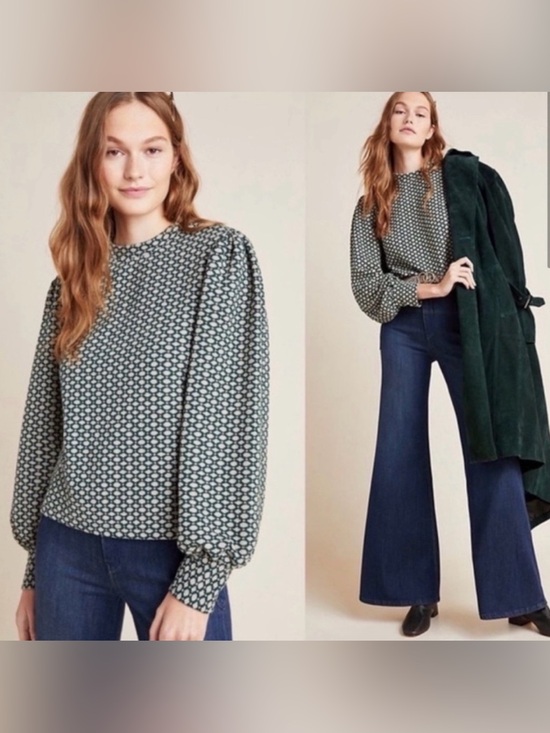 Anthropologie Tops - Anthropologie Maeve Green Geometric 
Patterned Balloon Sleeve Sweater Size: XS